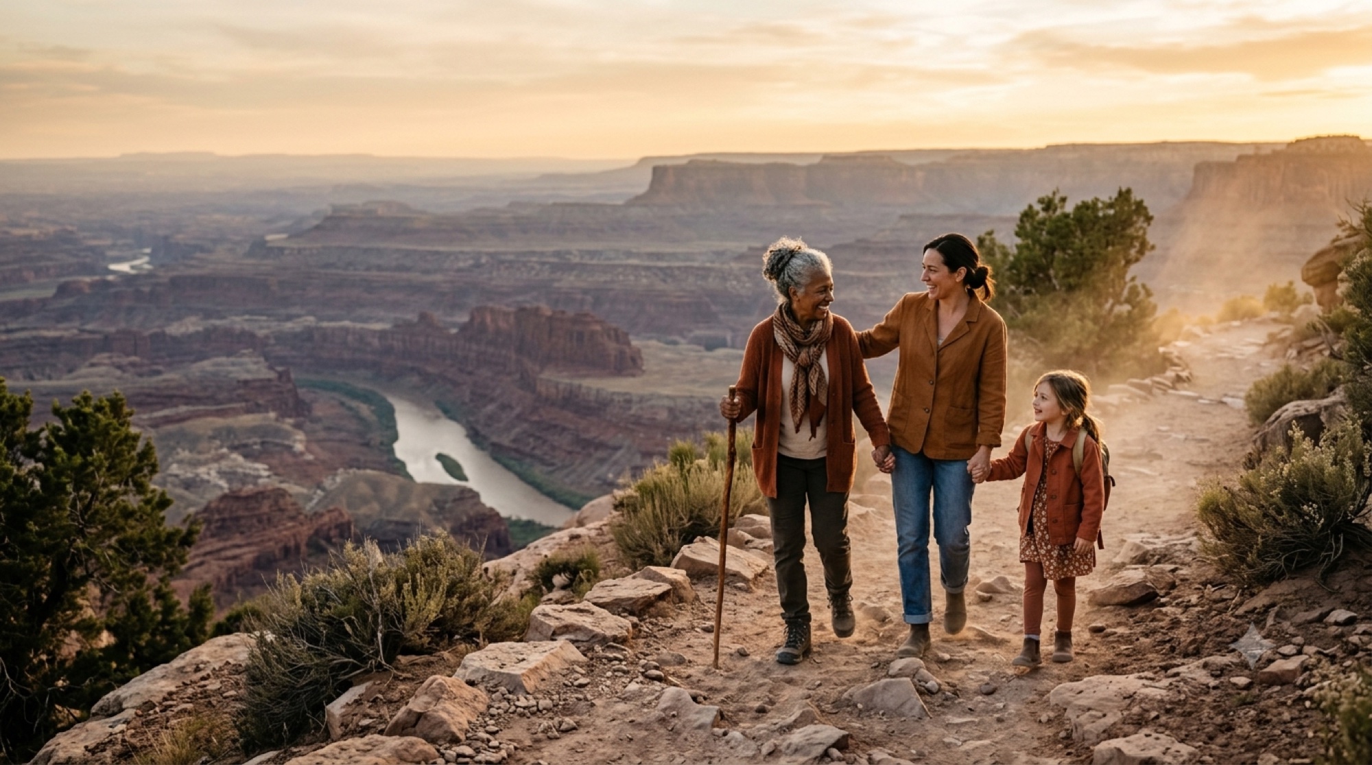 A grandmother, mother, and daughter walking a red-rock canyon trail at golden hour