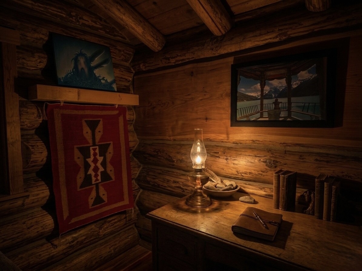 The kerosene lamp on the desk in the log room