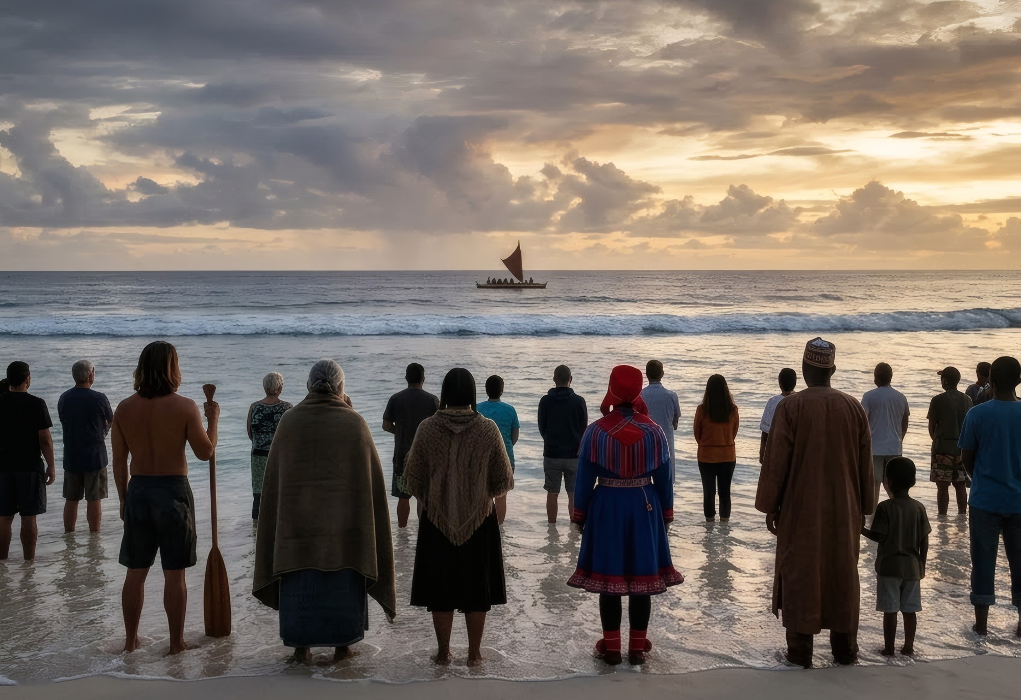 People from many nations standing together in the surf at dusk, watching an outrigger canoe sail out past the breakers
