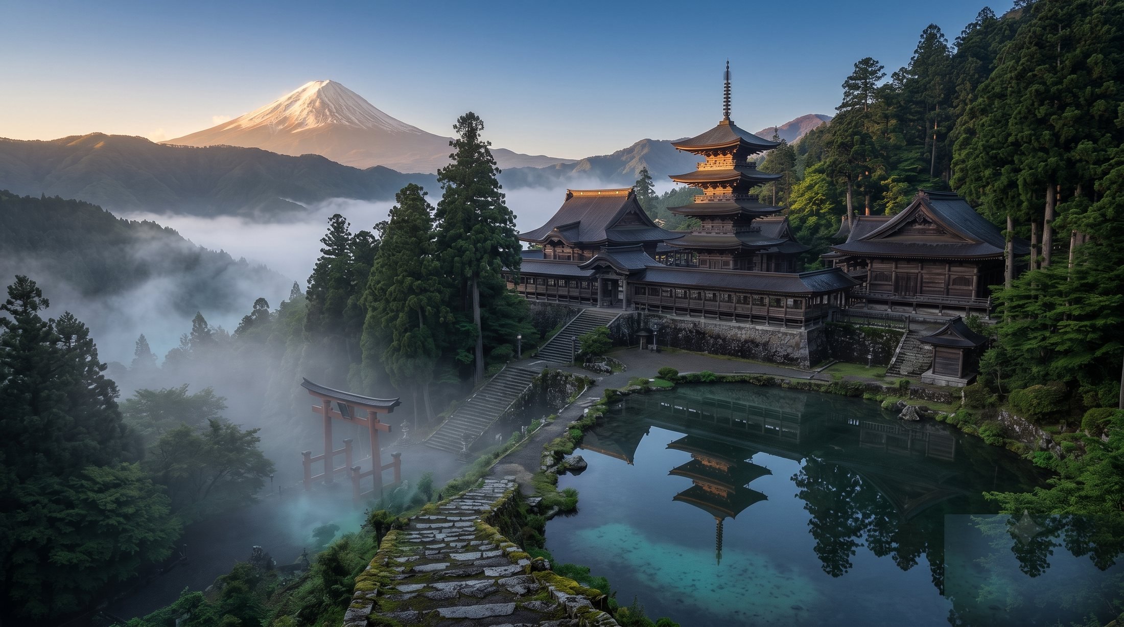 Japanese mountain temple at dawn