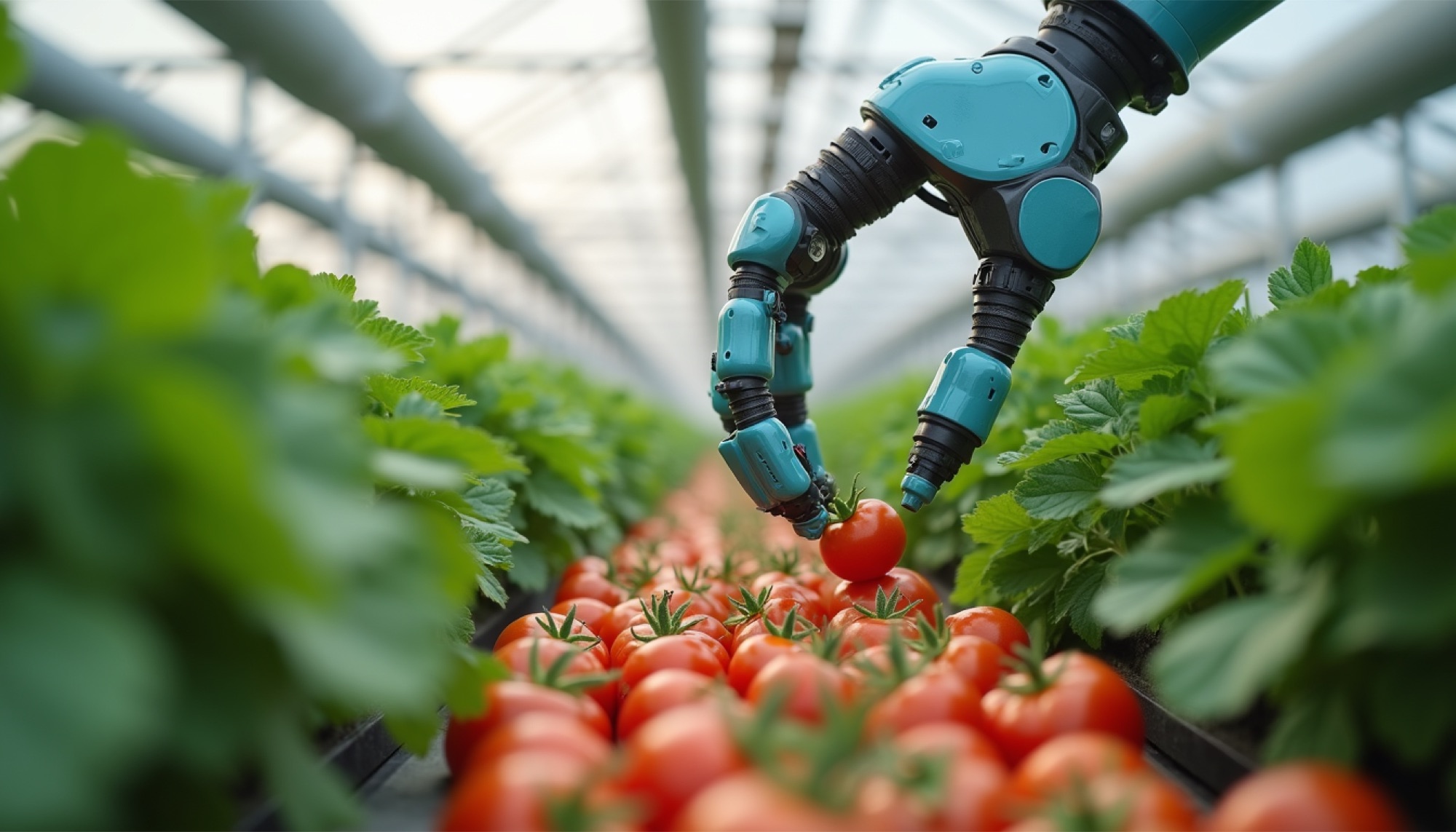 A robotic arm harvesting crops in a controlled greenhouse environment