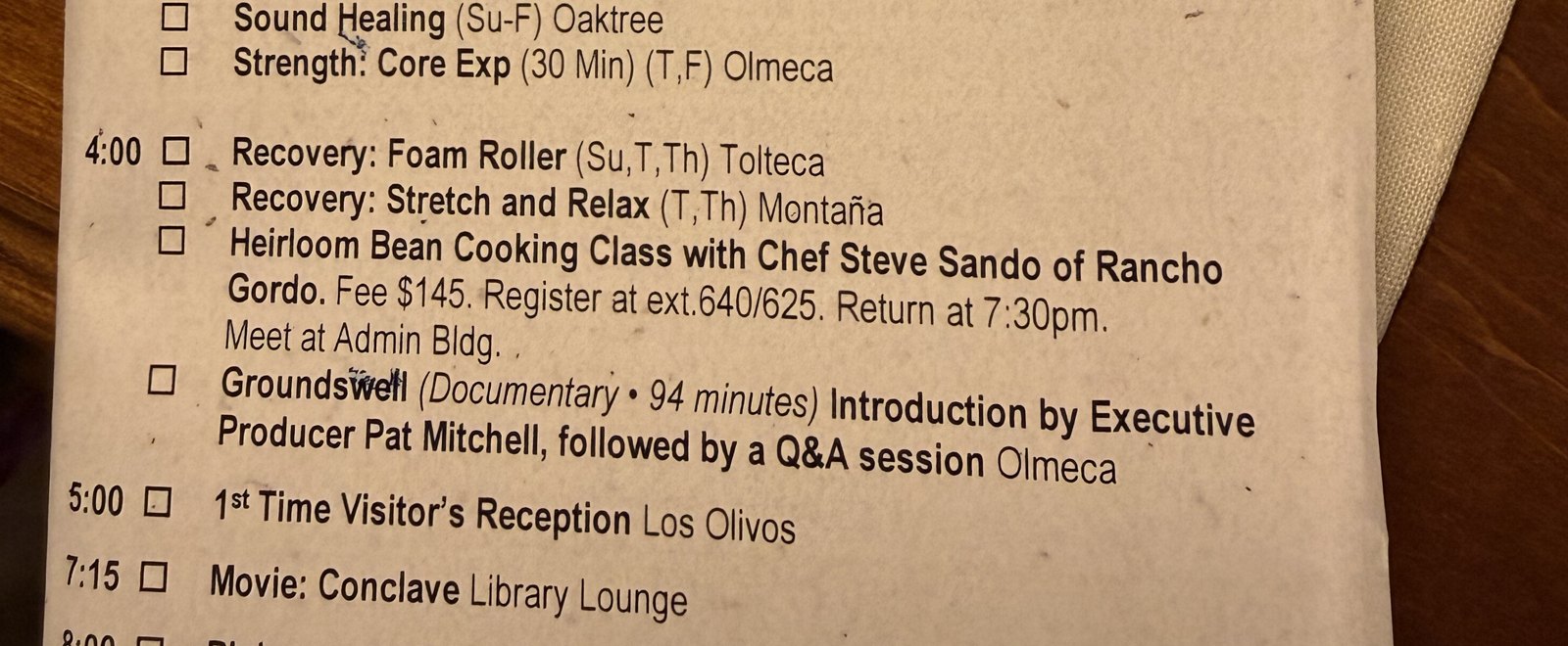 The printed daily schedule card, listing Groundswell, a 94-minute documentary, with an introduction by executive producer Pat Mitchell followed by a Q&A