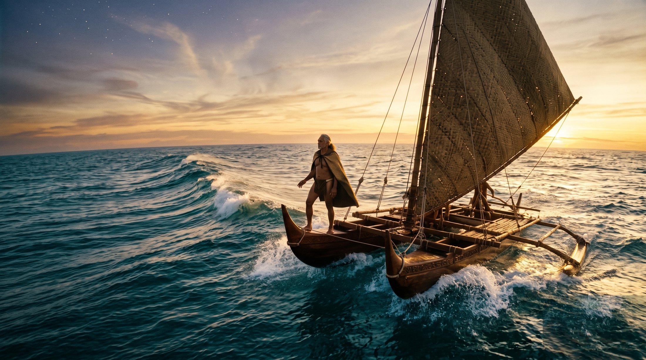 A wayfinder crossing the open ocean at dawn — the far messenger of the sea