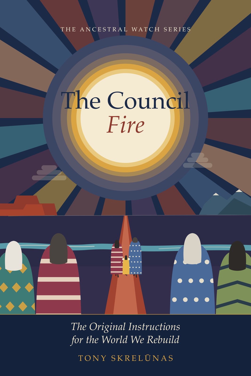 Portada de The Council Fire, de Tony Skrelūnas. Un gran anillo de luz sostiene el título sobre una meseta roja y montañas nevadas. Cuatro ancianos con mantas de diseños están de pie, de espaldas a nosotros, mientras una pequeña familia baja de la mano por un camino rojo hacia un río.