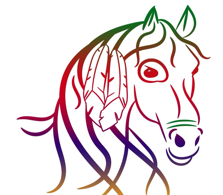 The horse, drawn in one line, two eagle feathers in its mane