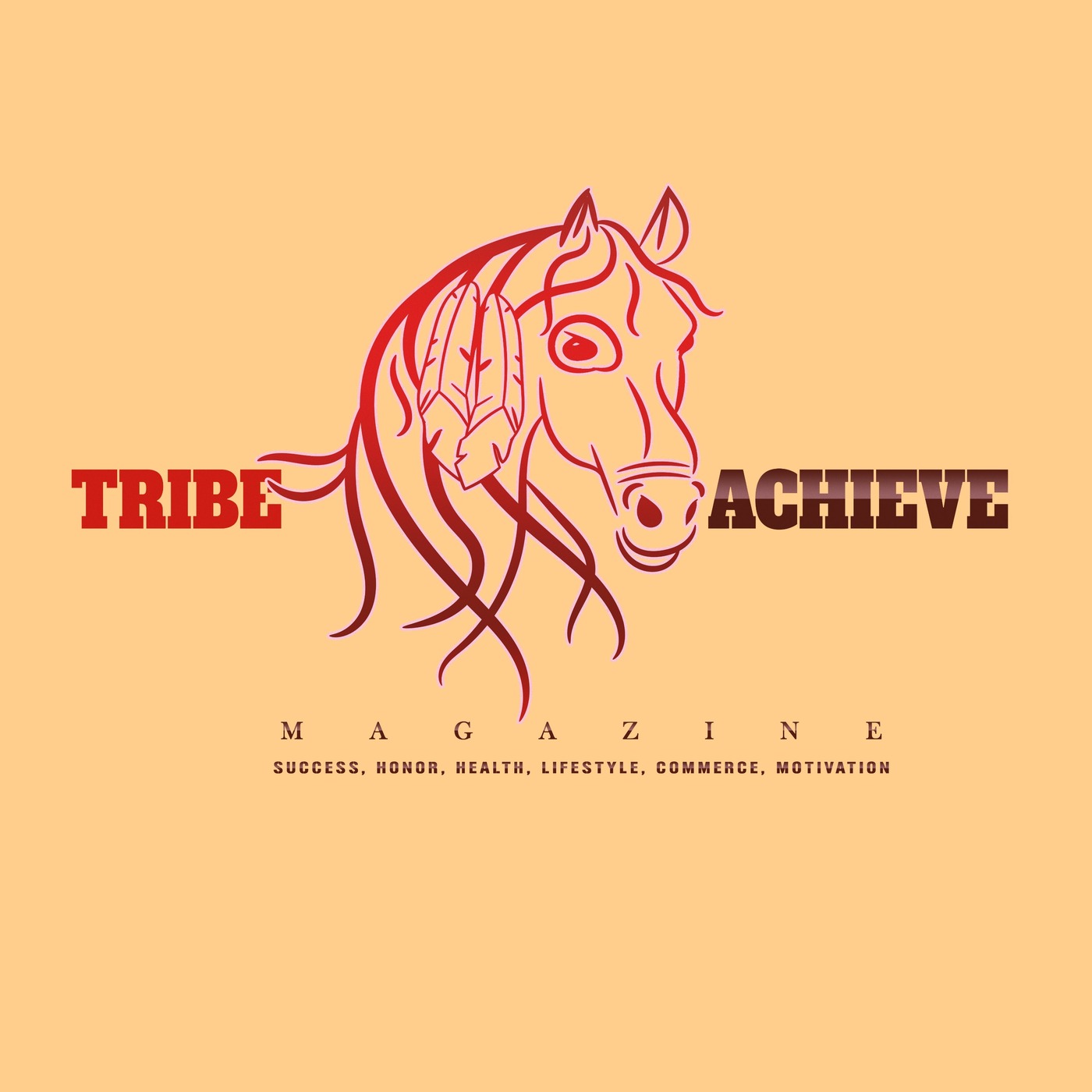 „Tribe Achieve“ arklys, nupieštas vienu brūkšniu, su dviem erelio plunksnomis karčiuose