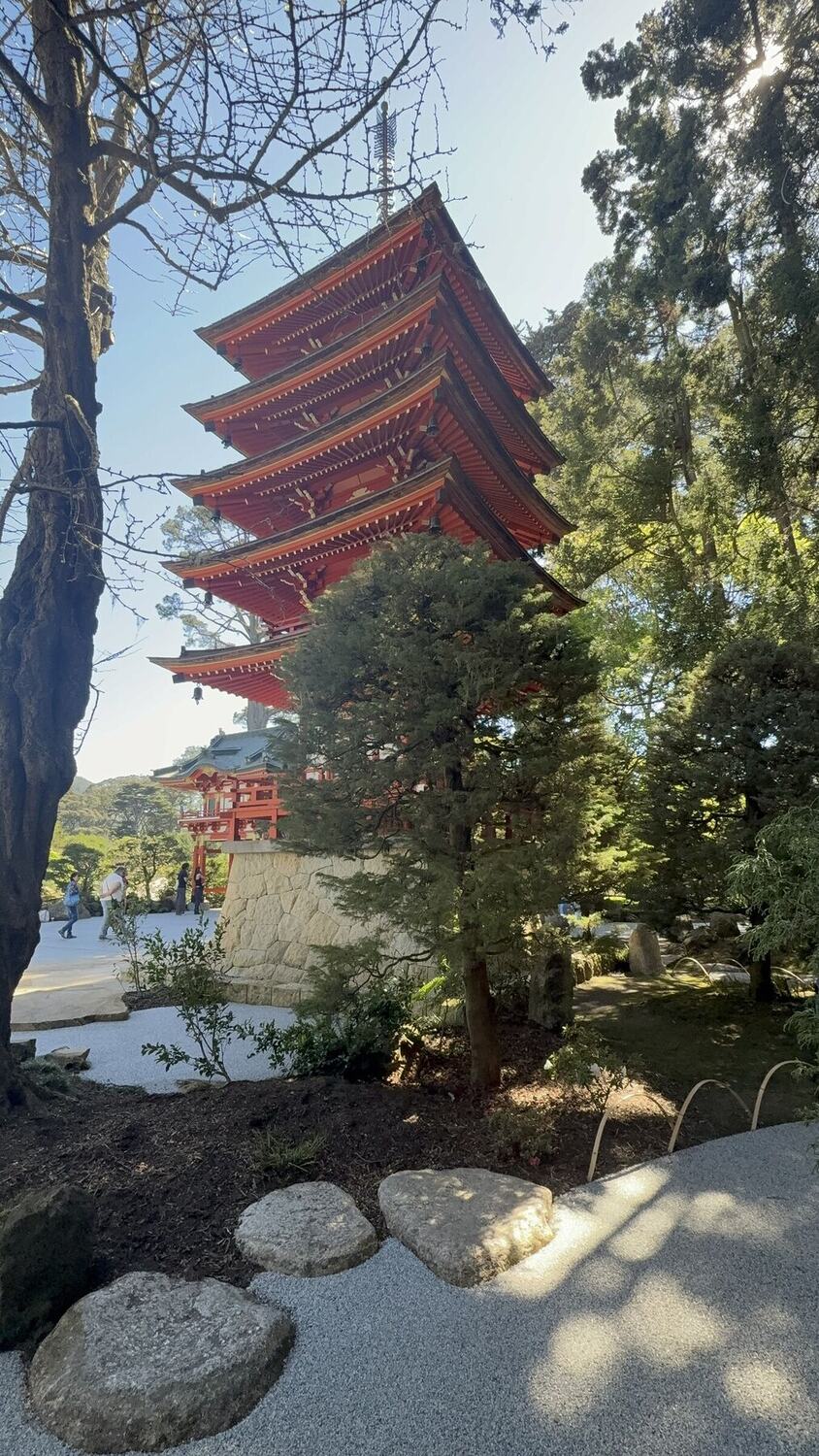 A five-storey pagoda rising through the trees
